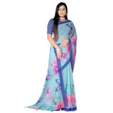 Blue Georgette floral printed saree with unstitched blouse, vibrant pattern for women's fashion
