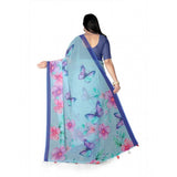 Women's Georgette Floral Printed Saree With Unstitched Blouse 5.5Mtr (Blue)