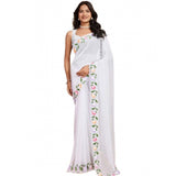 Women's Georgette Printed Saree With Unstitched Blouse 5.5Mtr (White)