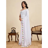 Women's Georgette Printed Saree With Unstitched Blouse 5.5Mtr (White)