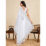 Women's Georgette Printed Saree With Unstitched Blouse 5.5Mtr (White)