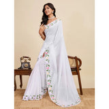 Women's Georgette Printed Saree With Unstitched Blouse 5.5Mtr (White)