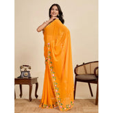 Yellow georgette printed saree with unstitched blouse (5.5Mtr) on mannequin