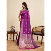 Faux Banarasi silk magenta woven saree with unstitched blouse, vibrant and intricate pattern on display