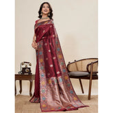 Faux Banarasi silk woven maroon saree with unstitched blouse, vibrant Indian fashion accessory for women
