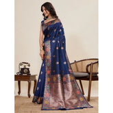 Navy blue faux Banarasi silk woven saree with unstitched blouse, 5.5Mtr
