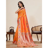 Orange faux Banarasi silk woven saree with unstitched blouse, 5.5mtr length on mannequin