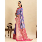 Blue faux Banarasi silk woven saree with unstitched blouse, 5.5mtr length on hanger