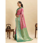 Faux Banarasi silk pink woven saree with unstitched blouse, vibrant floral design on display