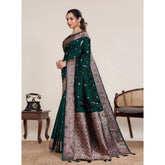 Green jacquard woven saree with unstitched blouse, 5.5Mtr length on mannequin