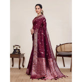 Maroon jacquard woven saree with unstitched blouse (5.5mtr), intricate design for traditional Indian wear