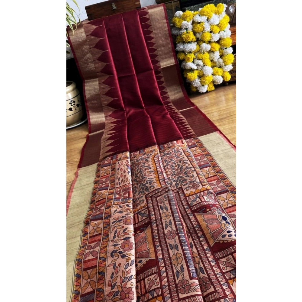 Maroon Tussar Silk Madhubani Saree with unstitched blouse, 5.5mtr on mannequin (actual product color may vary)