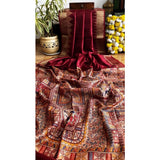 Maroon tussar silk Madhubani saree with unstitched blouse (5.5Mtr), traditional Indian hand-painted design