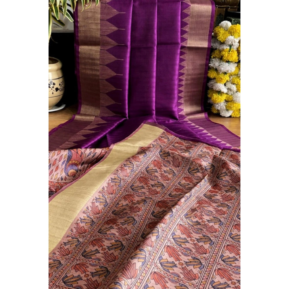 Purple Tussar Silk Madhubani Saree with unstitched blouse (5.5Mtr), traditional Indian handloom art on display