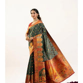 Dark green faux Banarasi woven motif saree with unstitched blouse (5.5Mtr)