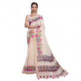 Women's Linen Floral Printed Saree With Unstitched Blouse 5.5Mtr (Cream)