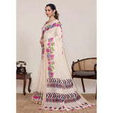 Women's Linen Floral Printed Saree With Unstitched Blouse 5.5Mtr (Cream)