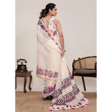 Women's Linen Floral Printed Saree With Unstitched Blouse 5.5Mtr (Cream)