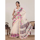 Women's Linen Floral Printed Saree With Unstitched Blouse 5.5Mtr (Cream)