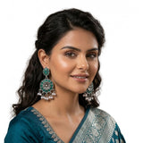 Multicolor zinc alloy gold-plated chandbali earrings on white background, delicate and eye-catching jewelry accessory for women
