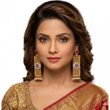 Multicolor zinc alloy gold-plated dangler earrings for women, vibrant and durable accessory on display