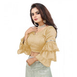 Women's Organza Solid V Neck Layered Ruffle Sleeve Readymade Blouse (Beige Free Size , up to 38–40 Bust)-PID65847
