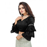 Black organza layered ruffle sleeve V-neck blouse, ready-made for women