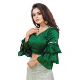 Green organza solid V-neck layered ruffle sleeve blouse, free size up to 38-40 bust