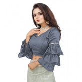 Grey organza layered ruffle sleeve V-neck blouse for women