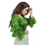 Women's Organza Solid V Neck Layered Ruffle Sleeve Readymade Blouse (Light Green Free Size , up to 38–40 Bust)-PID65852