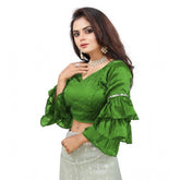 Light green organza V-neck layered ruffle sleeve blouse, free size up to 38-40 bust