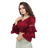 Maroon organza V-neck layered ruffle sleeve blouse, ready-to-wear women's fashion