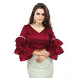 Women's Organza Solid V Neck Layered Ruffle Sleeve Readymade Blouse (Maroon Free Size , up to 38–40 Bust)-PID65854