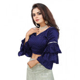 Navy organza layered ruffle sleeve blouse for women, solid V-neck style