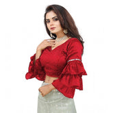 Red organza layered ruffle sleeve blouse for women, solid V-neck design