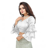 White organza layered ruffle sleeve blouse, V-neck style for women