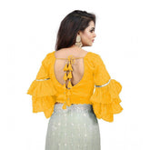 Yellow organza v-neck layered ruffle sleeve blouse, free size up to 38-40 bust