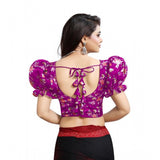 Women's Organza Printed V Neck Puff Sleeve Readymade Blouse (Light_Purple 38 , Alterable up to 42)-PID65865