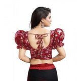 Women's Organza Printed V Neck Puff Sleeve Readymade Blouse (Maroon 38 , Alterable up to 42)-PID65866