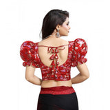 Women's Organza Printed V Neck Puff Sleeve Readymade Blouse (Red 38 , Alterable up to 42)-PID65871