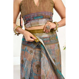 Women's Faux Linen Printed Ready to wear Saree With Unstitched Blouse 5.5Mtr (Multicolor)