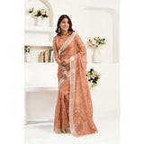 Women's Faux Linen Floral Print Ready to wear Saree With Unstitched Blouse 5.5Mtr (Peach)