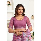 Women's Faux Linen Floral Print Ready to wear Saree With Unstitched Blouse 5.5Mtr (Pink)