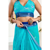 Light Aqua Blue faux linen floral print ready-to-wear saree with unstitched blouse, stylish Indian fashion for women
