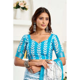 Women's Faux Linen Leaf Print Ready to wear Saree With Unstitched Blouse 5.5Mtr (SkyBlue & White)
