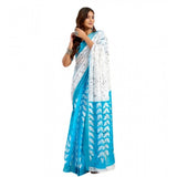 Women's Faux Linen Leaf Print Ready to wear Saree With Unstitched Blouse 5.5Mtr (SkyBlue & White)