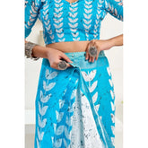 SkyBlue & White faux linen leaf print saree with unstitched blouse, ready-to-wear Indian women's fashion