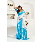 Women's Faux Linen Leaf Print Ready to wear Saree With Unstitched Blouse 5.5Mtr (SkyBlue & White)