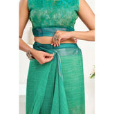 Green faux linen floral ready-to-wear saree with unstitched blouse (5.5mtr)