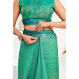 Women's Faux Linen Floral Ready to wear Saree With Unstitched Blouse 5.5Mtr (Green)